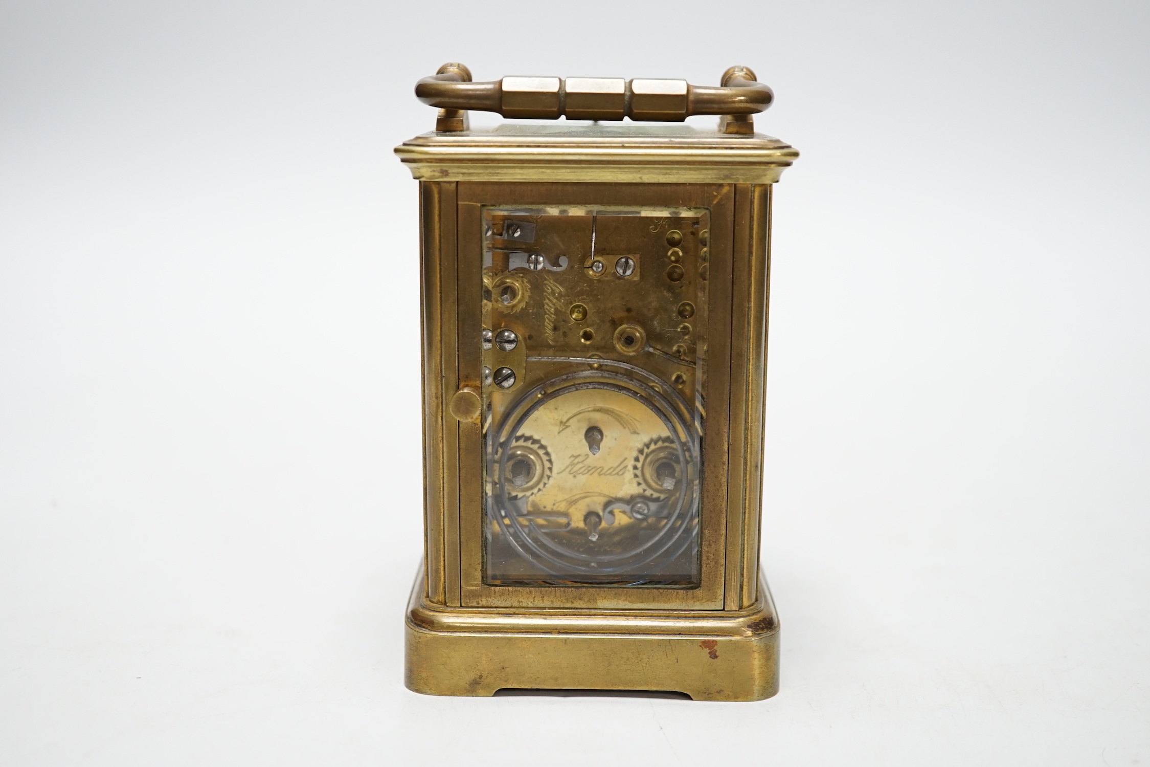 A French brass repeating carriage clock with alarm dial, 13cm